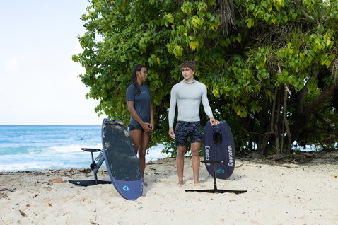 Duotone Crush SLS prone foil board during prone foiling on a tropical beach in Guadeloupe
