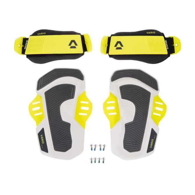 Duotone Vario combo de fixations kitesurf en jaune fluo, blanc et anthracite — set pad et sangle avec visserie de montage