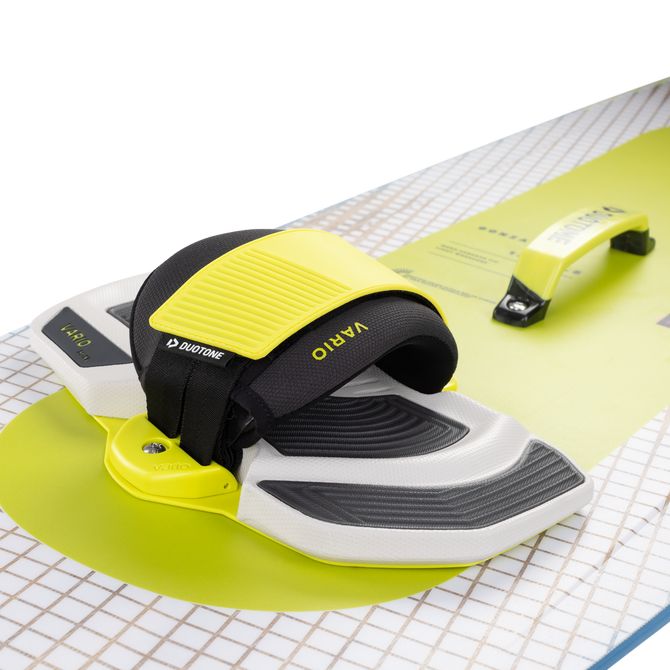 Fixation kitesurf Duotone Vario pad et sangle en jaune citron et noir — vue détail