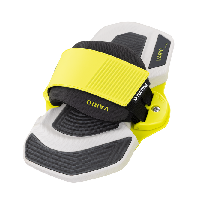 Fixation de kitesurf Duotone Vario en jaune néon et anthracite, vue trois quarts