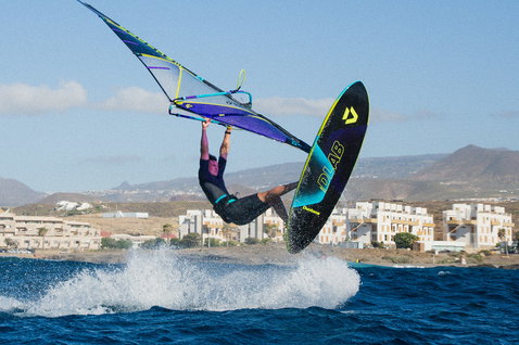 Duotone Skate D/LAB freestyle windsurf board during new school freestyle at the coast