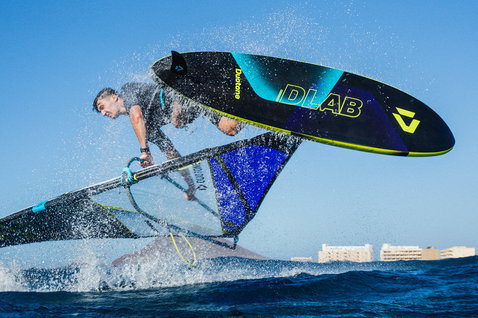 Duotone Skate D/LAB freestyle windsurf board during new school freestyle on the ocean
