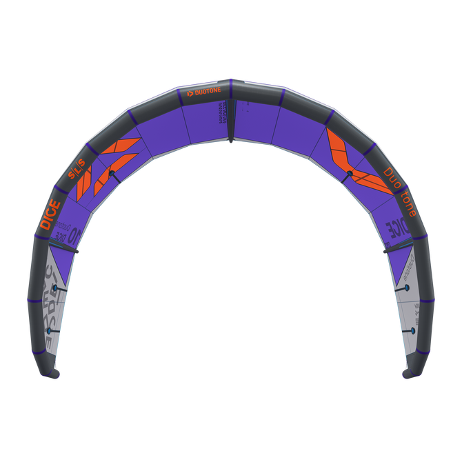 Duotone Dice SLS LEI kite 10m in violet, charcoal and orange — front view