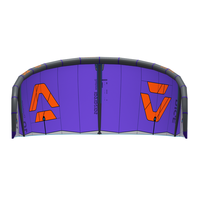 Duotone Dice SLS LEI kite bottom view in violet purple with orange graphics