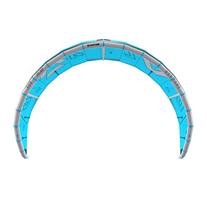 Kite LEI Duotone Evo D/LAB in ciano e grigio chiaro – vista frontale