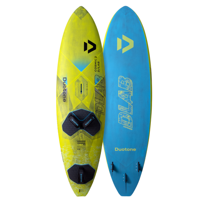 Duotone Cosmic 3 D/LAB windsurf wave board in chartreuse and sky blue, deck and hull view