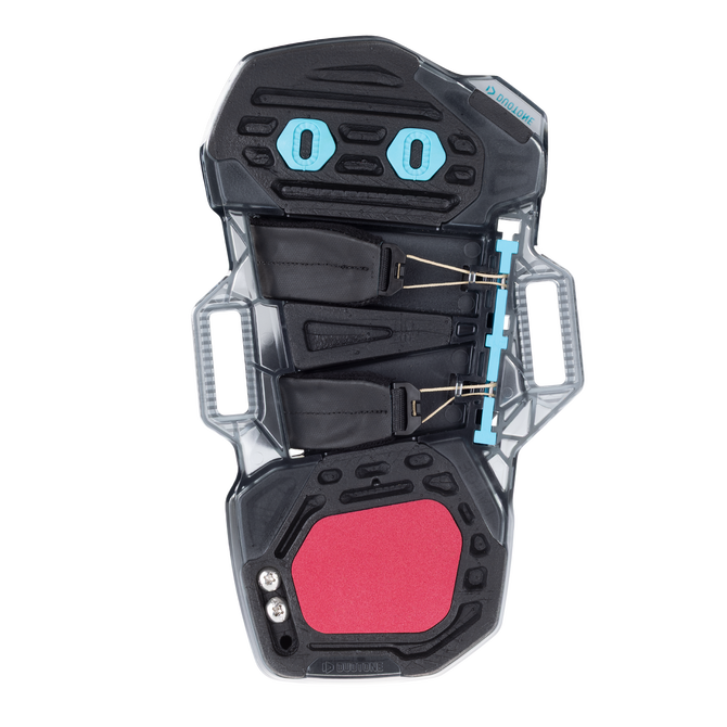 Duotone Entity 360 système pad et straps pour kiteboard en gris anthracite avec cyan et rouge