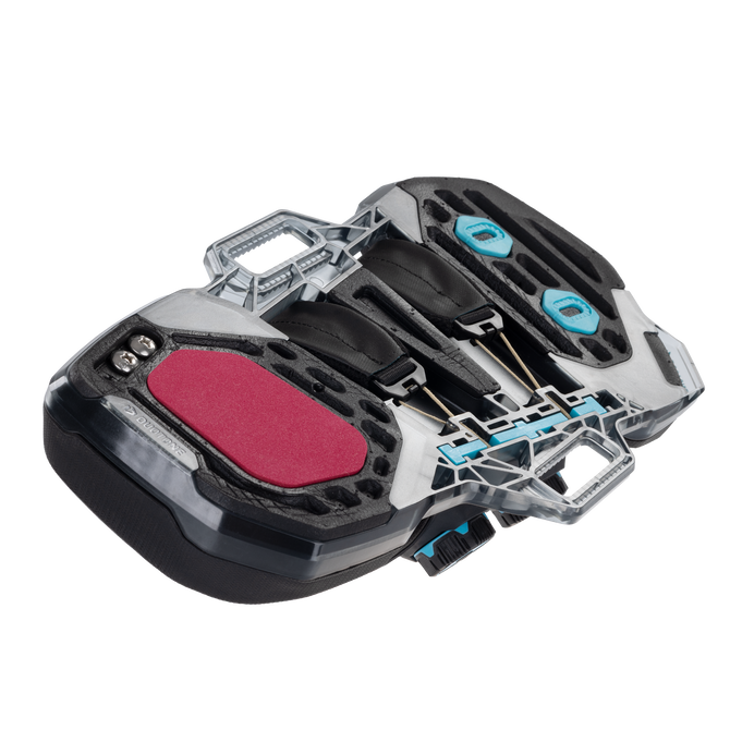 Système de fixation kitesurf Duotone Entity 360 en gris anthracite avec pad rouge et boucles cyan