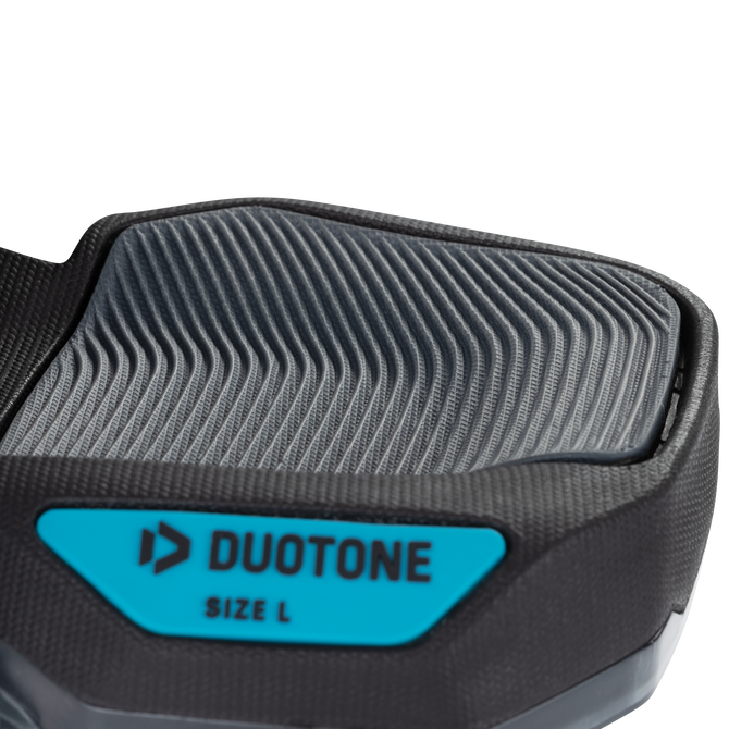 Duotone Entity 360 kiteboard twin-tip détail pad de traction et sangle de fixation en anthracite et turquoise, taille L