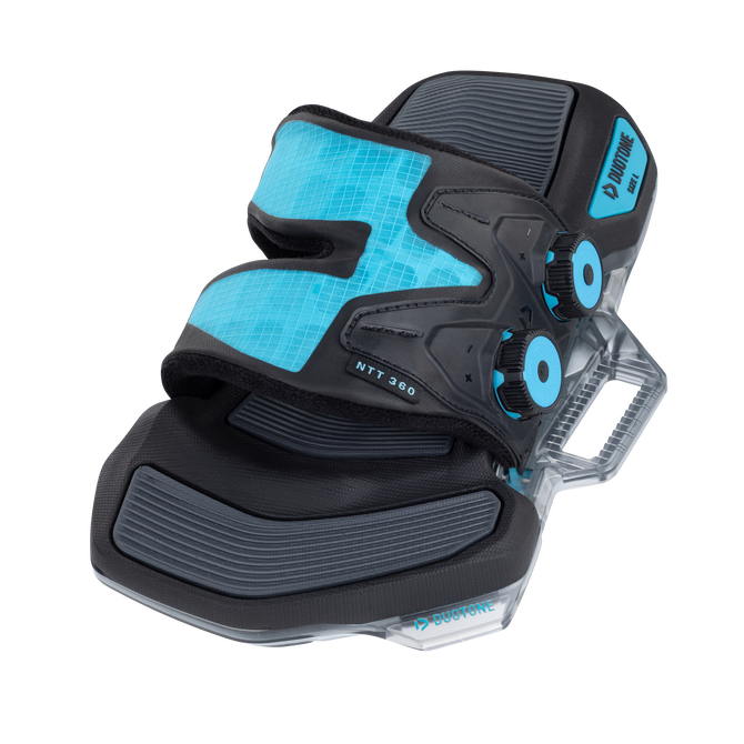 Fixation souple Duotone NTT 360 pour kiteboard taille L en noir et cyan avec platine rotative 360°