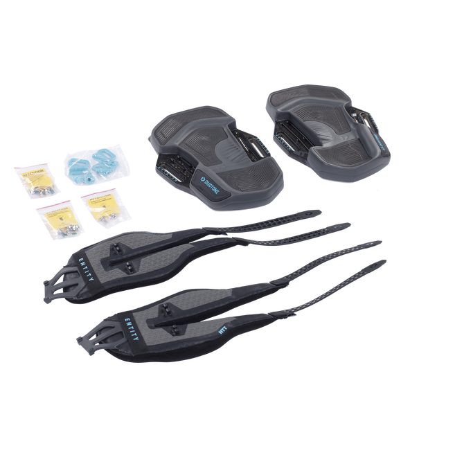 Set de pads et straps de kitesurf Duotone Entity Ergo en anthracite avec accents cyan et visserie fournie