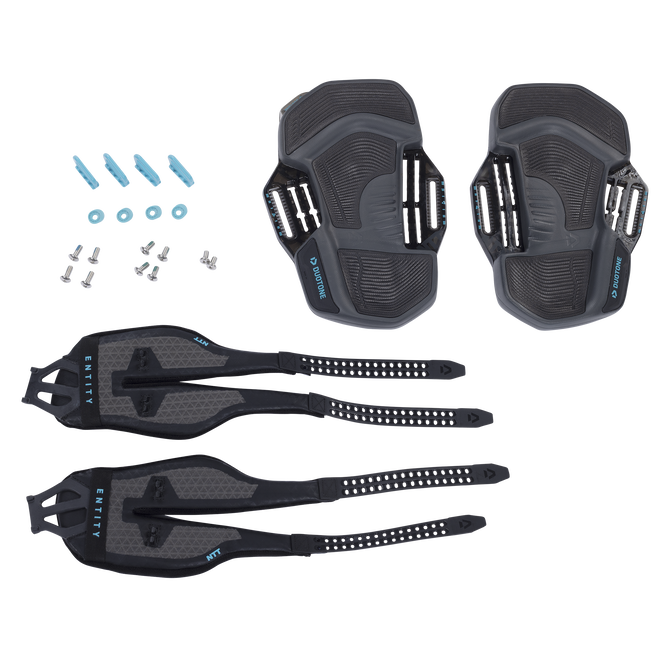 Duotone Entity Ergo set de pads et straps de kiteboard en noir anthracite avec quincaillerie bleu clair