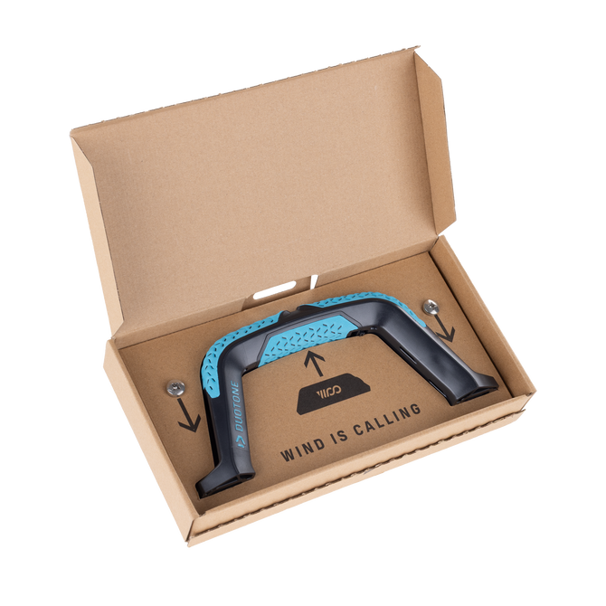 Duotone TS Big Air SLS Kiteboard-Griff in schwarz und cyan in geöffneter Retail-Verpackung