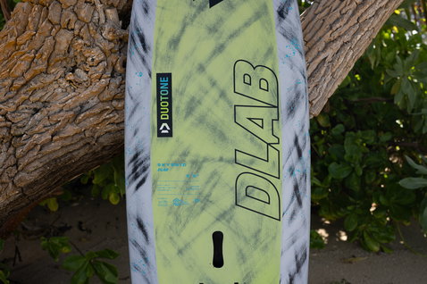 Duotone Skybrid D/LAB foil board deck detail in lime green and black, Maui