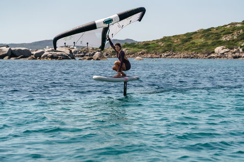 Duotone Skybrid Air foil board during wing foiling on the ocean in summer