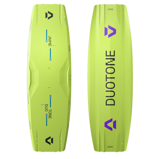 Tabla de kitesurf twin-tip Duotone Jaime Concept Blue en verde lima, vista superior e inferior
