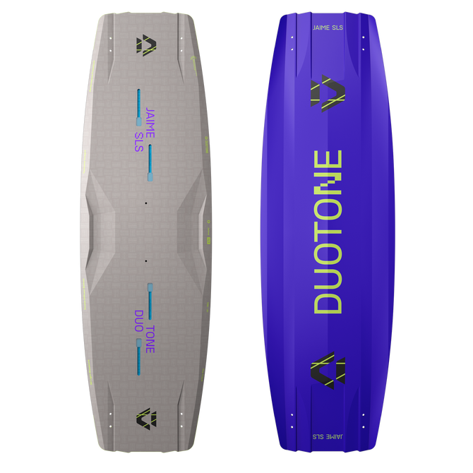 Tabla de kite twin-tip Duotone Jaime SLS en violeta real y gris, vista de cubierta y base