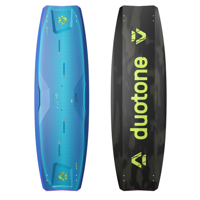 Tabla de kitesurf twin-tip Duotone Select SLS en azul cian y gris oscuro, vista de cubierta y base