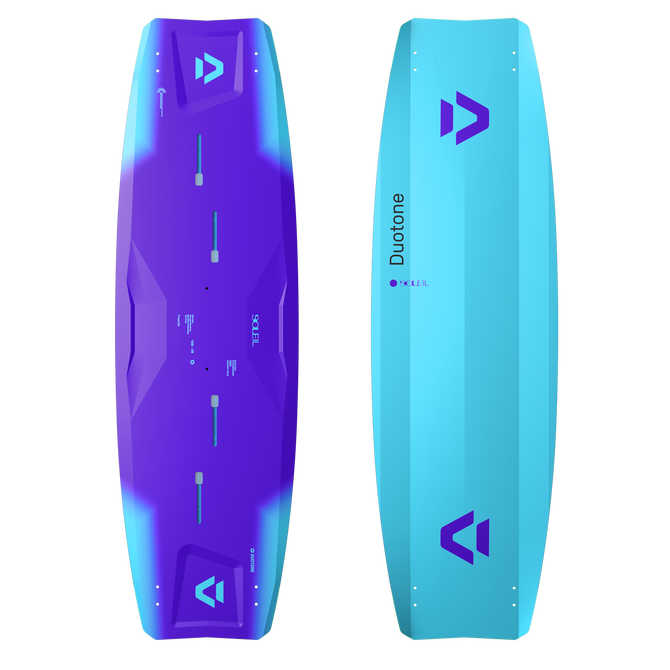 Tabla de kite twin-tip freeride Duotone Soleil Concept Blue en cian y violeta, vista de cubierta y base