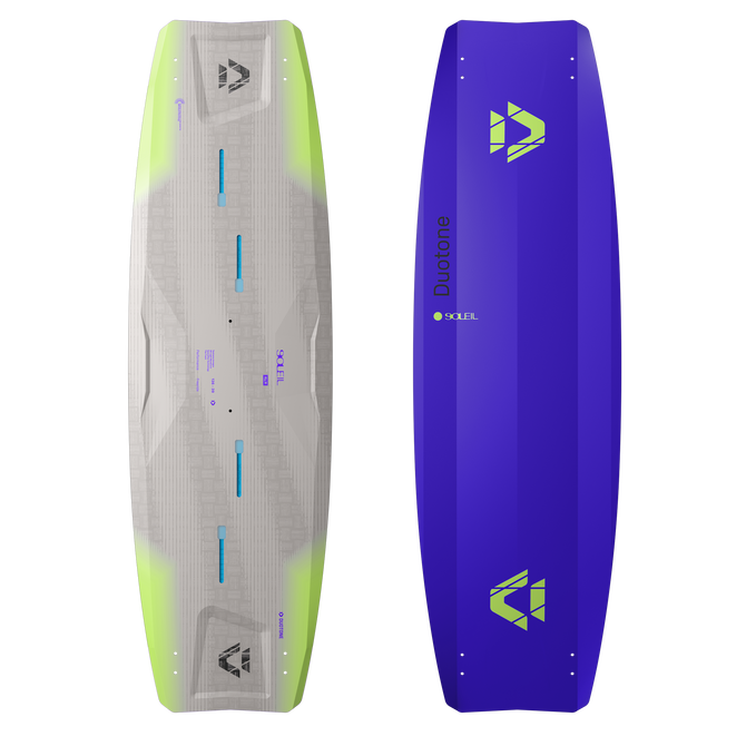 Duotone Soleil SLS Twintip Kiteboard in violettblau und limette, Deck- und Unterseite
